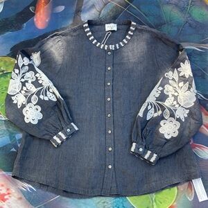 🐲💙 WRAP London Embroidered Linen Long Sleeve Blouse